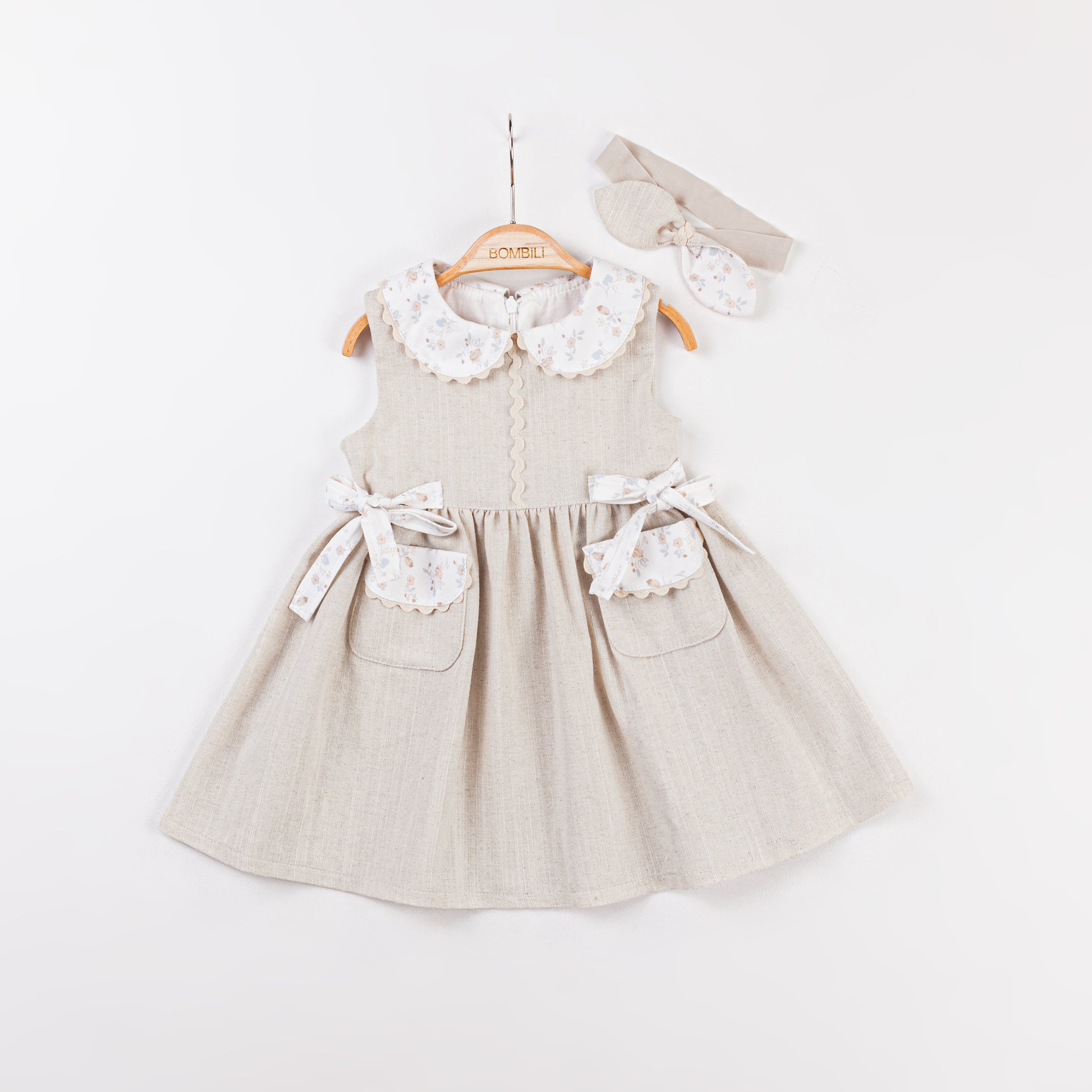 Bombili Girls Linen-Look Pocket Dress Set – Model 6609 (6–18 Months)